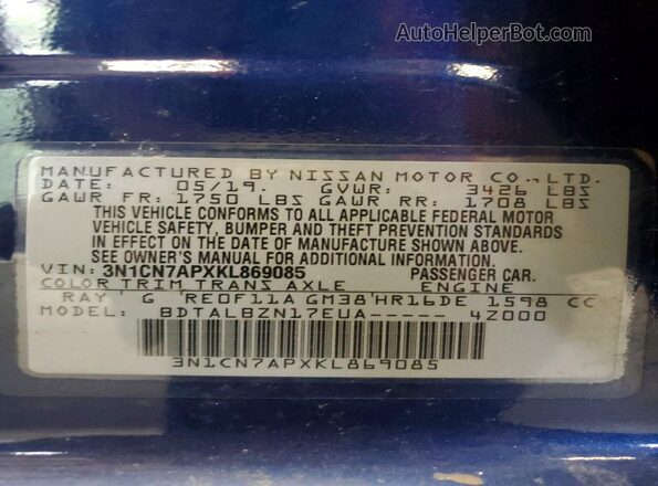 3N1CN7APXKL869085 2019 NISSAN VERSA Blue Вид наклейки з VIN-кодом
