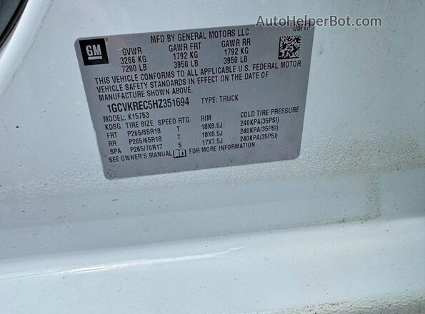 1GCVKREC5HZ351694 2017 CHEVROLET SILVERADO White VIN sticker view
