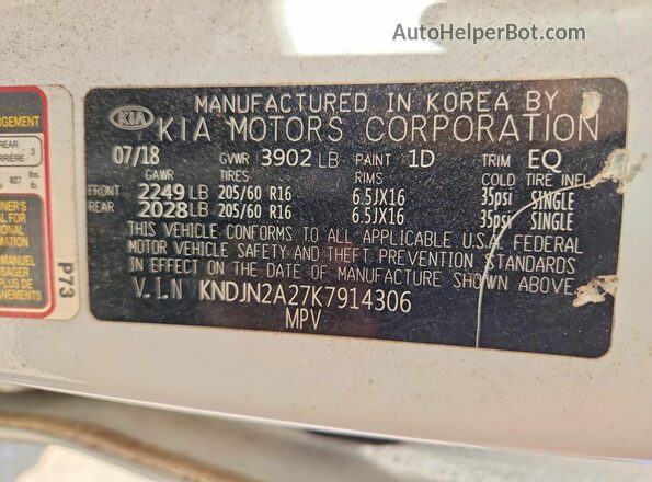 KNDJN2A27K7914306 2019 KIA SOUL White VIN sticker view