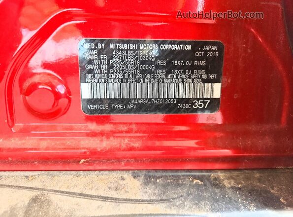 JA4AP3AU7HZ012053 2017 MITSUBISHI OUTLANDER Red VIN կոդի պիտակի տեսք