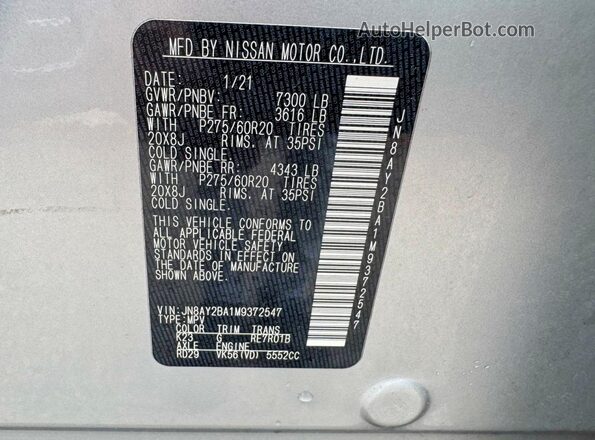 JN8AY2BA1M9372547 2021 NISSAN ARMADA Silver VIN sticker view