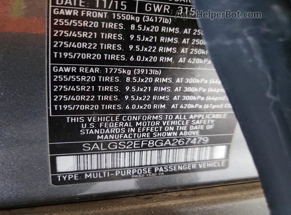 SALGS2EF8GA267479 2016 LAND ROVER RANGE Gray VIN კოდის სტიკერის ხედი