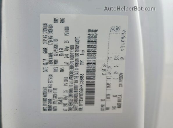 1FTEW1EG2HKC98888 2017 FORD F150 White Widok naklejki z numerem VIN