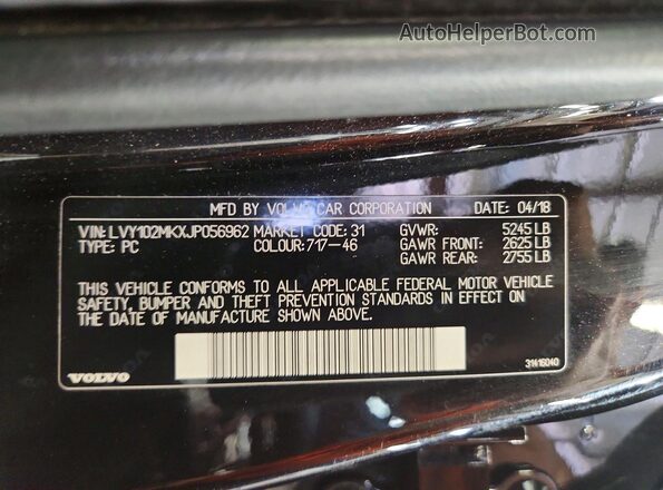 LVY102MKXJP056962 2018 VOLVO S90 Black Vista de la etiqueta del VIN