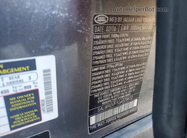 SALWR2VF1GA578632 2016 LAND ROVER RANGE Gray 