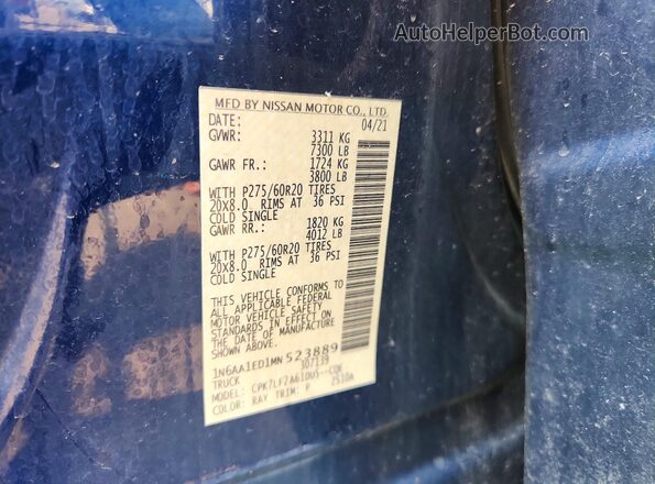 1N6AA1ED1MN523889 2021 NISSAN TITAN Blue Widok naklejki z numerem VIN