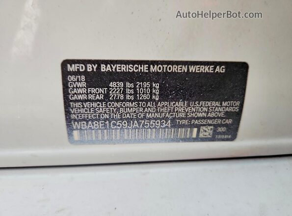 WBA8E1C59JA755934 2018 BMW 3 SERIES White Widok naklejki z numerem VIN