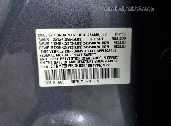 5FNYF5H95GB039180 2016 HONDA PILOT Gray Vista interior de 360 grados