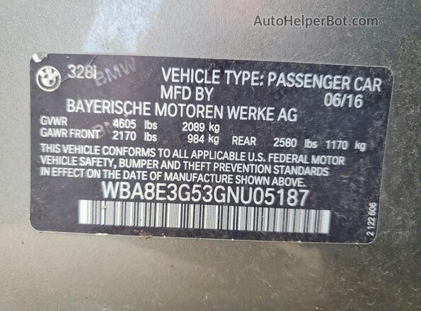 WBA8E3G53GNU05187 2016 BMW 3 SERIES Желто-коричневый Вид наклейки с VIN-кодом