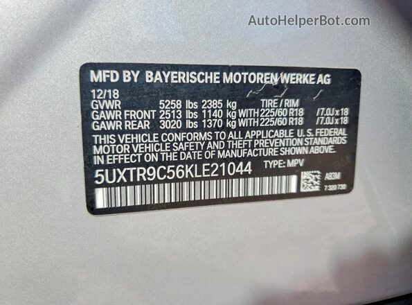 5UXTR9C56KLE21044 2019 BMW X3 Silver Սալոնի 360 աստիճան տեսք