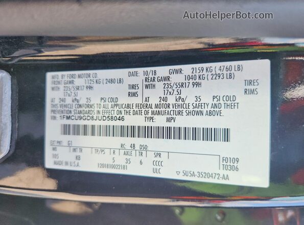 1FMCU9GD8JUD58046 2018 FORD ESCAPE Black სალონის 360-გრადუსიანი ხედი