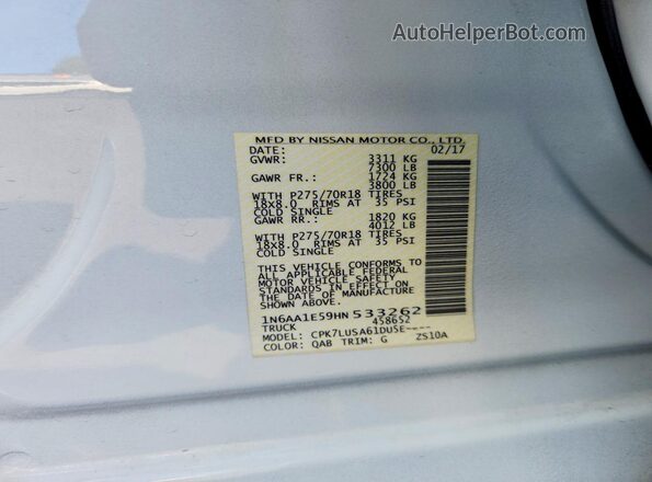1N6AA1E59HN533262 2017 NISSAN TITAN Белый Вид наклейки с VIN-кодом