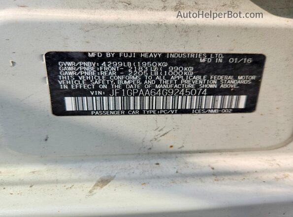 JF1GPAA64G9245074 2016 SUBARU IMPREZA Белый Вид наклейки с VIN-кодом
