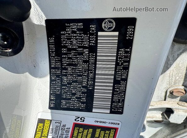 4T1B11HK3JU018922 2018 TOYOTA CAMRY White Սալոնի հետևի տեսք