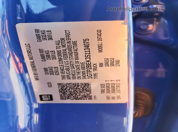 1GTP2BEK3S1134075 2025 GMC CANYON Blue VIN sticker view