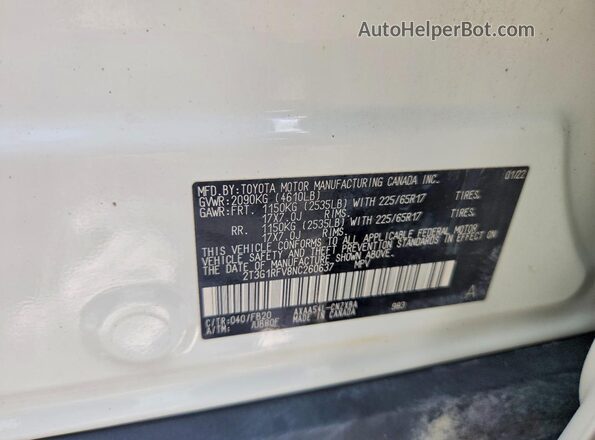 2T3G1RFV8NC260637 2022 TOYOTA RAV4 Белый Вид наклейки с VIN-кодом