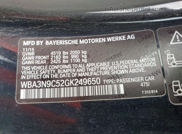 WBA3N9C52GK249650 2016 BMW 4 SERIES Black VIN sticker view