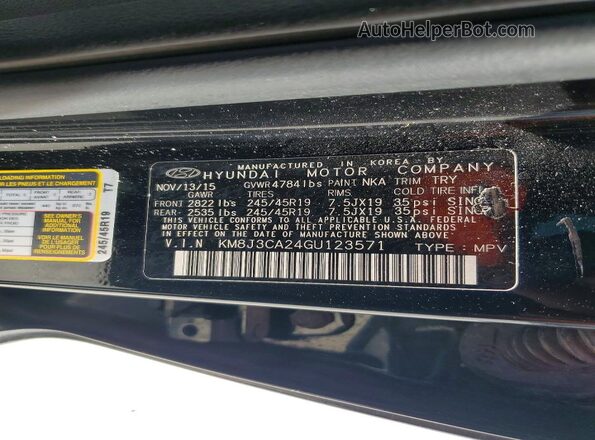 KM8J3CA24GU123571 2016 HYUNDAI TUCSON Black VIN კოდის სტიკერის ხედი