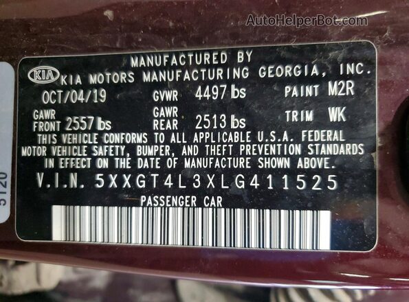 5XXGT4L3XLG411525 2020 KIA OPTIMA Фиолетовый Вид наклейки с VIN-кодом