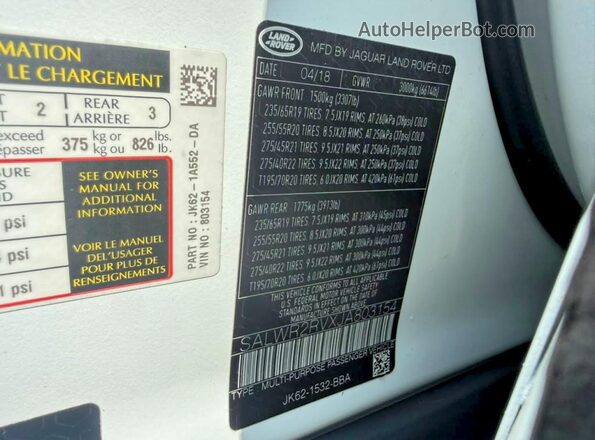 SALWR2RVXJA803154 2018 LAND ROVER RANGE ROVER White Widok komory silnika