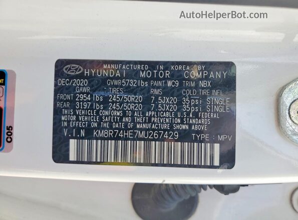 KM8R74HE7MU267429 2021 HYUNDAI PALISADE Белый Панорамный вид салона 360°