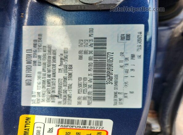 3FA6P0PU9JR105772 2018 FORD FUSION Blue VIN sticker view