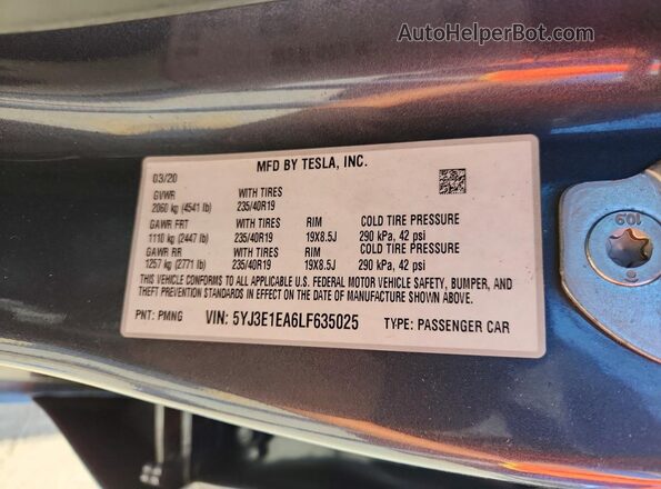 5YJ3E1EA6LF635025 2020 TESLA MODEL 3 Charcoal Вид наклейки з VIN-кодом