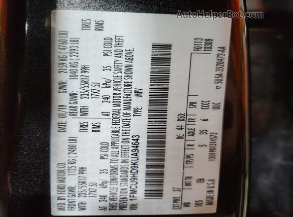 1FMCU9HD9KUA94643 2019 FORD ESCAPE Gray Widok wnętrza 360 stopni