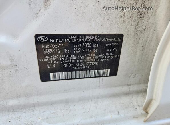5NPDH4AE3GH739291 2016 HYUNDAI ELANTRA White Widok naklejki z numerem VIN