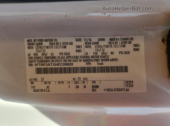 1FTRF3ATXHEC09826 2017 FORD F350 White VIN կոդի պիտակի տեսք