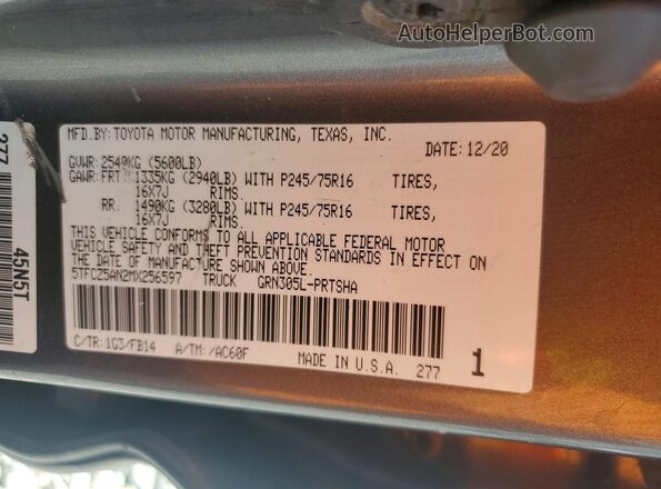 5TFCZ5AN2MX256597 2021 TOYOTA TACOMA Gray Вид наклейки з VIN-кодом