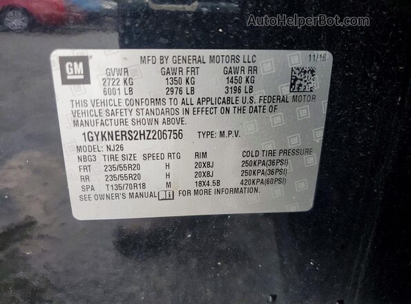1GYKNERS2HZ206756 2017 CADILLAC XT5 Черный Вид наклейки с VIN-кодом