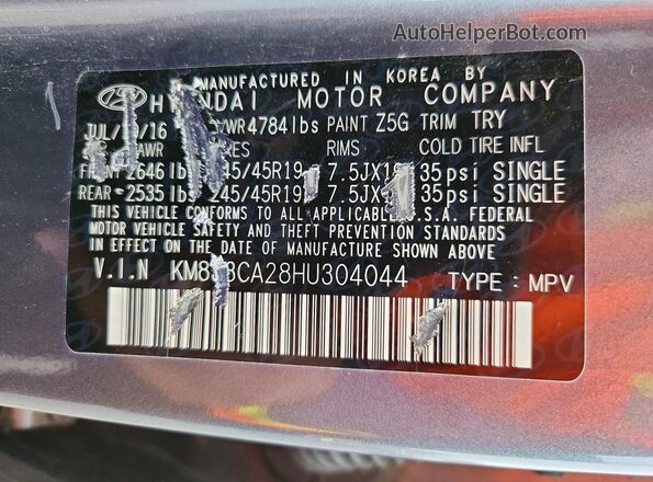 KM8J3CA28HU304044 2017 HYUNDAI TUCSON Gray Widok wnętrza 360 stopni