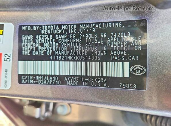 4T1B21HKXKU514895 2019 TOYOTA CAMRY SOLARA Gray Вид наклейки з VIN-кодом