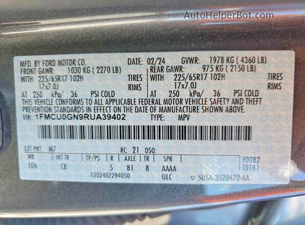1FMCU0GN9RUA39402 2024 FORD ESCAPE Серый Панорамный вид салона 360°