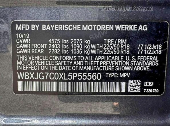 WBXJG7C0XL5P55560 2020 BMW X1 Gray 