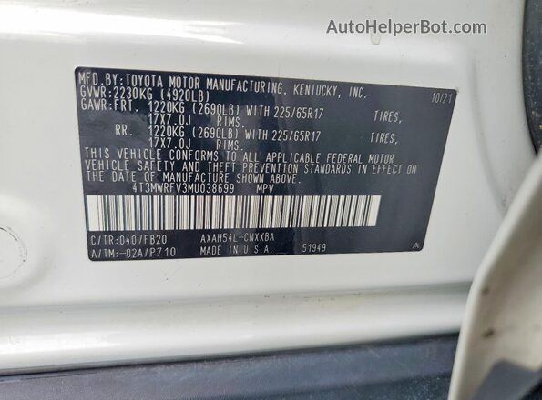 4T3MWRFV3MU038699 2021 TOYOTA RAV4 White 360 interior view