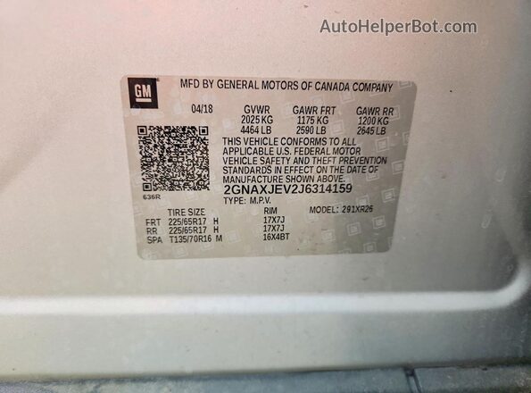 2GNAXJEV2J6314159 2018 CHEVROLET EQUINOX Silver Widok wnętrza 360 stopni