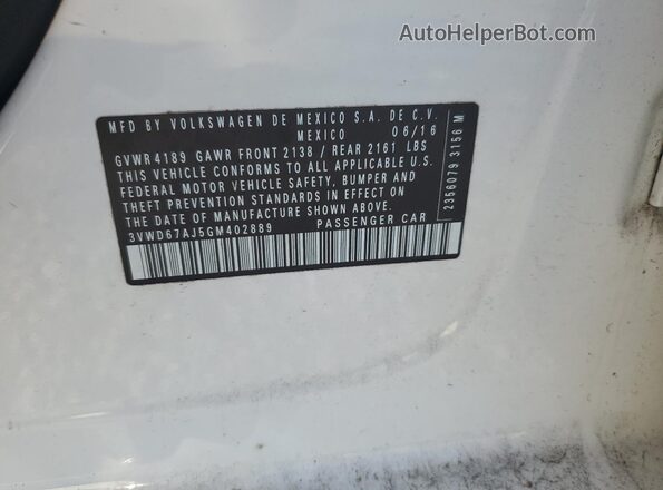 3VWD67AJ5GM402889 2016 VOLKSWAGEN JETTA Белый Вид наклейки с VIN-кодом
