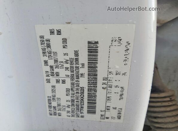 1FTFW1E55KKD58205 2019 FORD F150 White VIN կոդի պիտակի տեսք