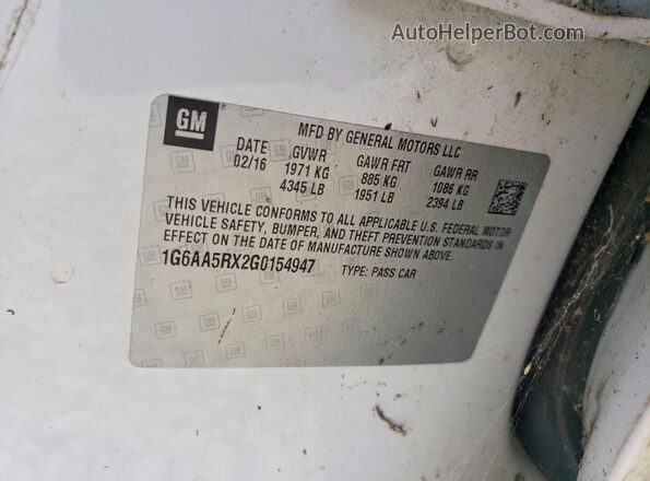 1G6AA5RX2G0154947 2016 CADILLAC ATS White VIN კოდის სტიკერის ხედი