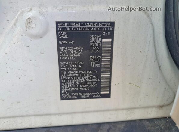 KNMAT2MVXGP657175 2016 NISSAN ROGUE White VIN կոդի պիտակի տեսք