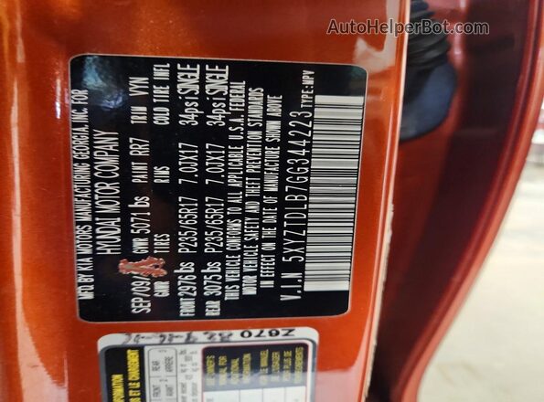 5XYZTDLB7GG344223 2016 HYUNDAI SANTA Orange Vista interior de 360 grados