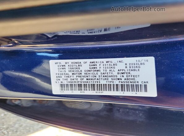 1HGCR2F65HA072295 2017 HONDA ACCORD Blue Vista de la etiqueta del VIN