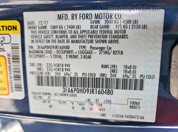 3FA6P0HD9JR160480 2018 FORD FUSION Blue Vista de la etiqueta del VIN