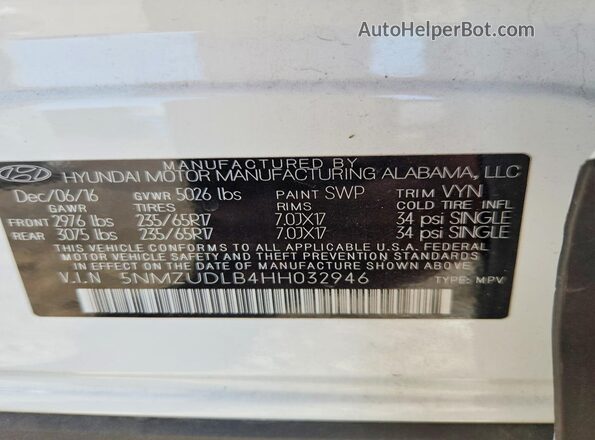 5NMZUDLB4HH032946 2017 HYUNDAI SANTA FE White Vista de la etiqueta del VIN