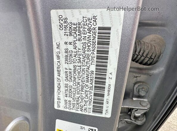 1HGCV1F35LA083799 2020 HONDA ACCORD Silver Vista interior trasera