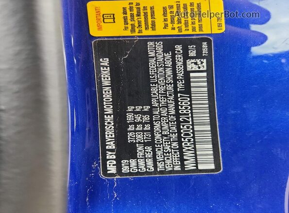 WMWXR5C05L2L85607 2020 MINI COOPER Blue Vista de la etiqueta del VIN