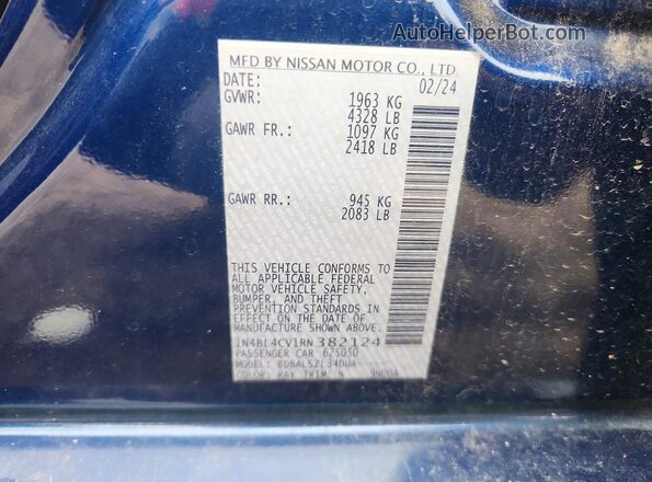 1N4BL4CV1RN382124 2024 NISSAN ALTIMA Blue Vista interior de 360 grados