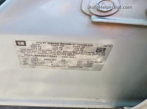 2GNALBEK8G6116041 2016 CHEVROLET EQUINOX Silver VIN sticker view